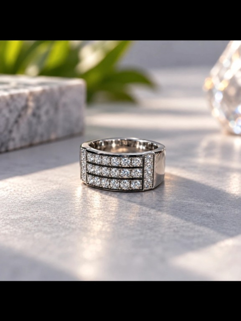 Men’s Silver Tone CZ Three Row Statement Ring
